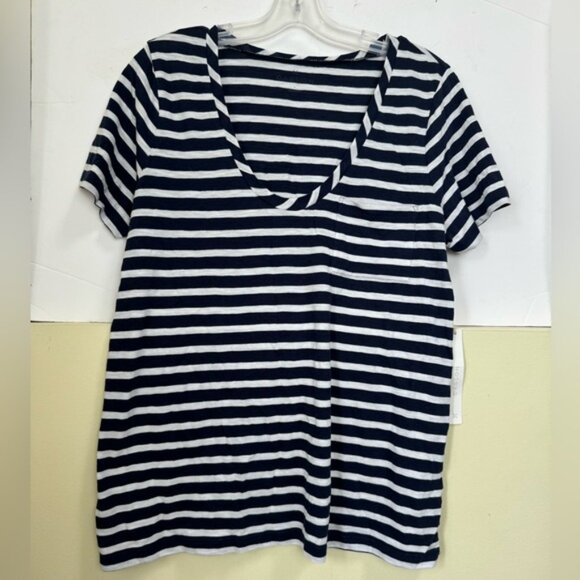 Caslon NEW Striped Cotton Modal V-Neck Pocket Boxy Shirt Top Lightweight White L - Picture 2 of 15